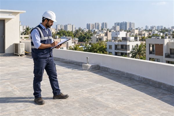 Illustrative rooftop assessor reviewing site conditions