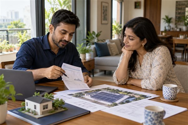 Illustrative solar adviser and homeowner discussing requirements