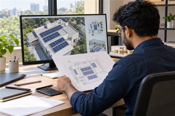 Illustrative engineer reviewing a rooftop solar layout