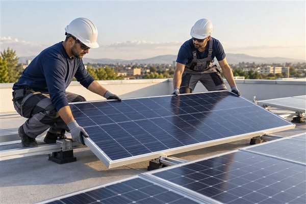 Illustrative technicians positioning a solar panel on mounting rails