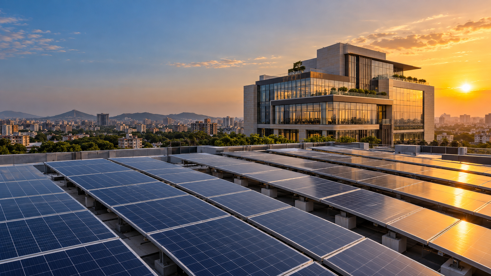 Illustrative rooftop solar installation beside modern architecture at sunset